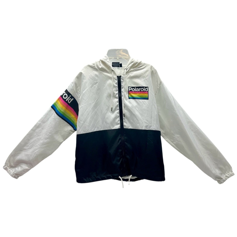 VTG POLAROID Jacket‎ Adult Large Nylon Full Zip Hooded Windbreaker Lined White